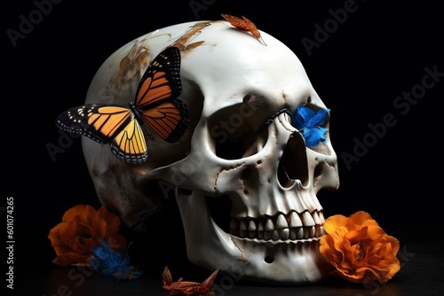 skull skeleton design art bone illustration death butterfly halloween flower. Generative AI.
