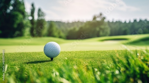A golf ball on a green tee of a golf course. Generative AI 