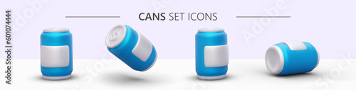 3D set of tin cans for drinks. Realistic cans icons without labels. Different angles, images from opposite side, top and bottom. Blank for advertising, website illustration