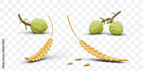3D elements for brewing. Three dimensional icons of hops green cones, wheat ears, grain. Set of images for advertising beer from natural raw materials