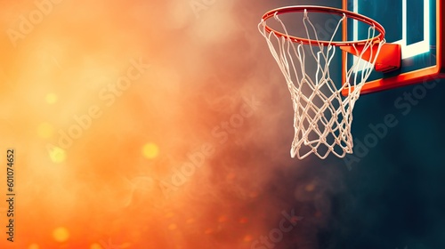 A basketball hoop and net against a bright smokey background. Generative AI  © Mockup Station