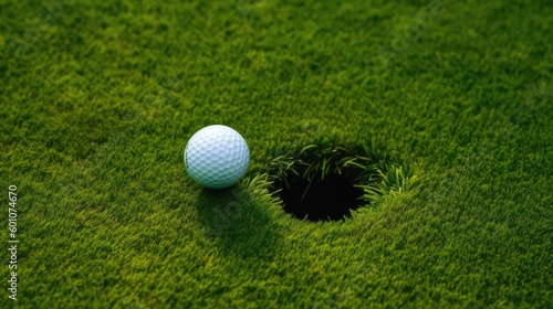 A golf ball on a tee beside a golf hole. Generative AI 