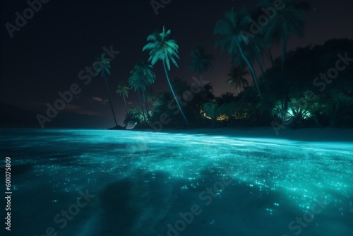 night luminous paradise ocean tree tropical vacation sky blue beach palm. Generative AI.