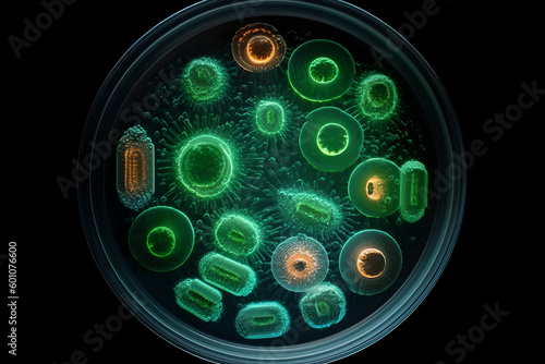 Macro close up shot of bacteria and virus cells.. Generative AI.