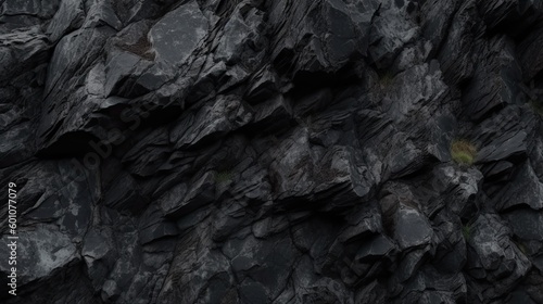 Black rock texture. Stone background. Old weathered mountain surface. Generative AI.