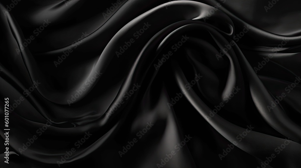 Abstract black background. Black silk satin texture background. Beautiful soft folds on the fabric. Generative AI. Abstract black background. Black silk satin texture background. Beautiful soft folds on the fabric. Generative AI.
