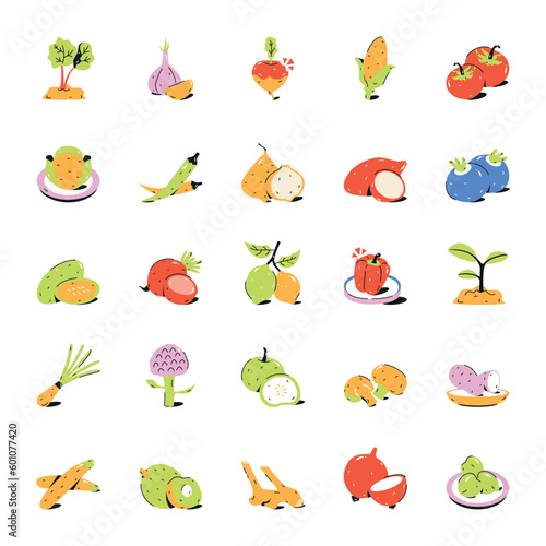 Collection of Vegetables and Food Ingredients Flat Icons 

