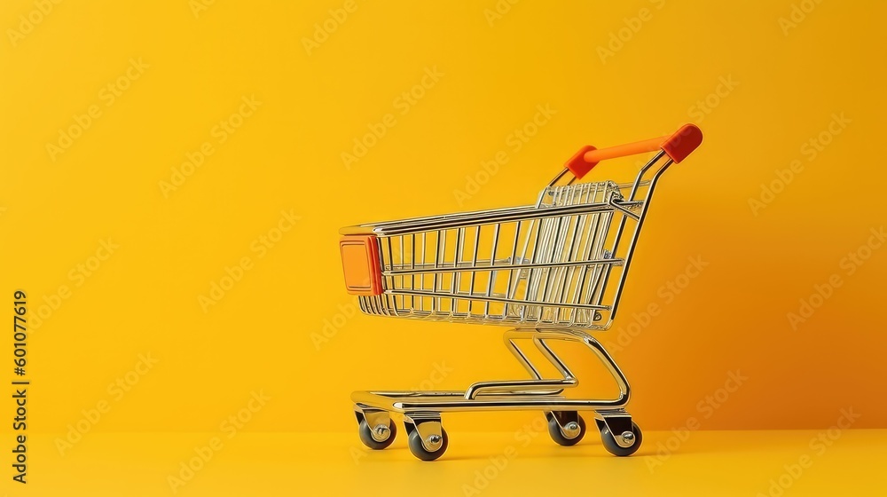 Shopping concept with shopping cart on yellow background Shopping concept with shopping cart on yellow background