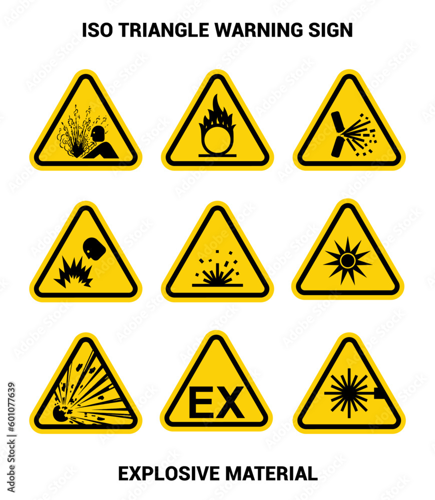set of ISO Triangle Warning Sign: ISO W002 - Explosive Materials Symbol collection set of ISO Triangle Warning Sign: ISO W002 - Explosive Materials Symbol collection