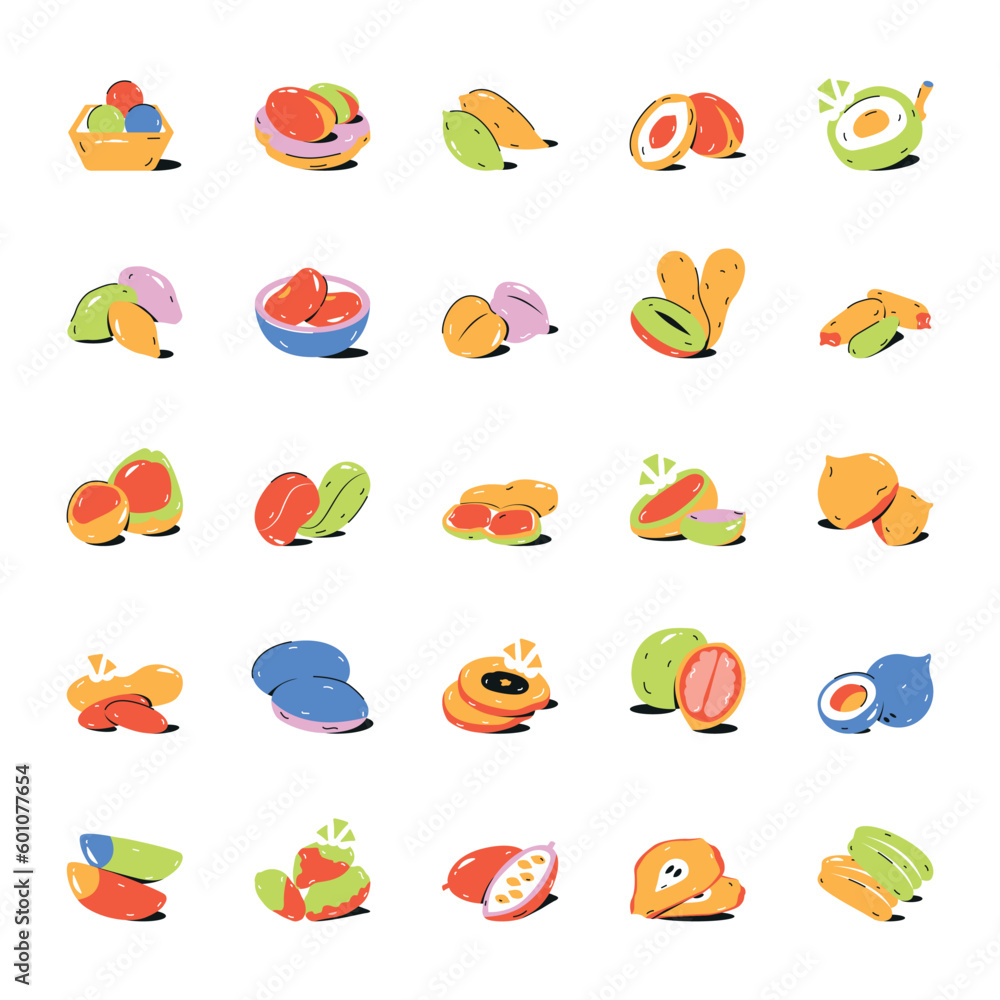 Pack of Dry Fruits and Seeds Flat Icons 
