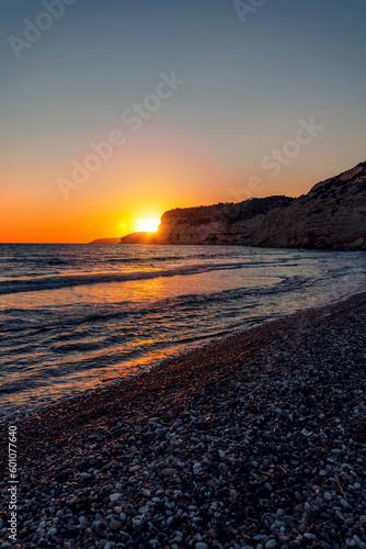 Beautiful seascape with sunset on Kourion beach in Cyprus