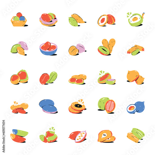 Pack of Dry Fruits and Seeds Flat Icons 