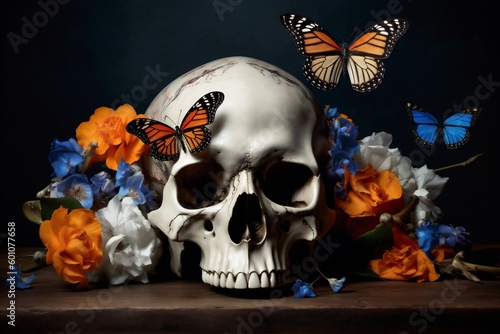 butterfly design skull flower halloween skeleton bone art illustration death. Generative AI.