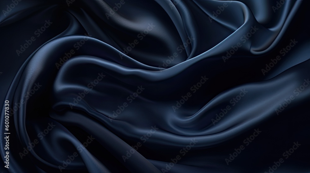 Deep blue silk satin fabric. Elegant abstract background. Liquid wave effect or silk with soft wavy folds. Beautiful navy blue fabric background with copy space for your design. Generative AI.