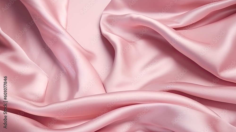 Fototapeta premium Pink silk satin background. Soft wavy folds on the fabric. Wedding, anniversary, valentine, love, tender, holiday, celebration, card. Generative AI.