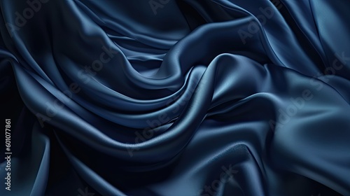 Deep blue silk satin fabric. Elegant abstract background. Liquid wave effect or silk with soft wavy folds. Beautiful navy blue fabric background with copy space for your design. Generative AI.