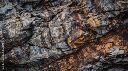 Dark brown stone background. Mountain texture. Close-up. Abstract grunge background. Rock formation texture. Rocky surface backdrop. Generative AI   