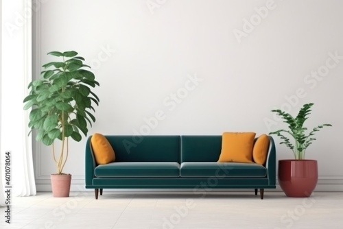 Elegant sofa with orange cushions standing near decorative pot-plants in living room