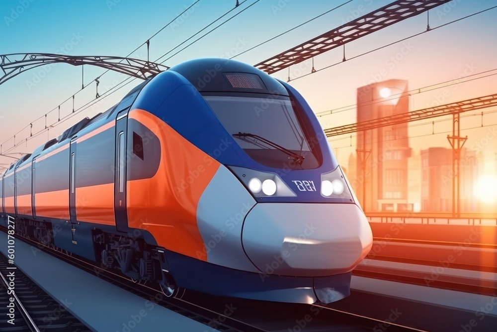 Fototapeta premium High-speed train with bright headlights departing from big city train station at sunset light