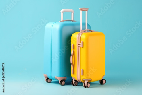 Fancy colorful suitcases ready for summer vacation on bright blue background
