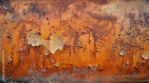 Rust background. Rusty texture. Old metal wall surface. Orange brown grunge background. Wide grunge banner with copy space. Generative AI.