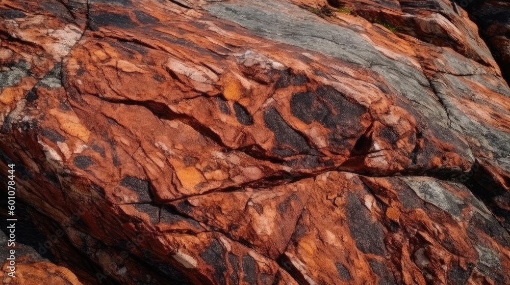 Dark red orange brown rock texture with cracks. Close-up. Rough mountain surface. Stone granite background. Generative AI.