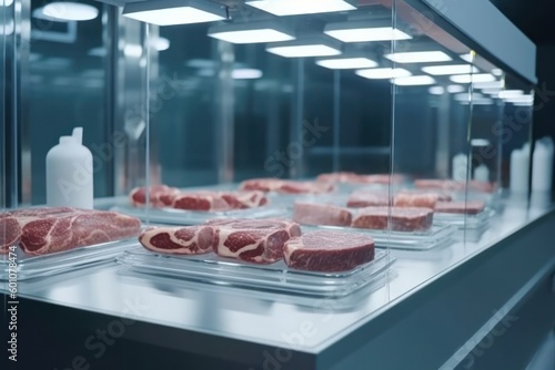 Pieces of raw lab-grown meat lying in glass containers with bright illumination