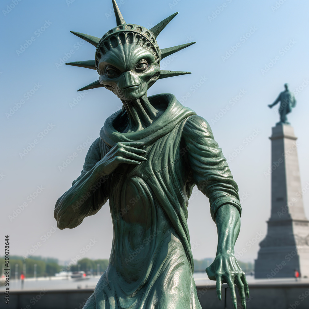 Fototapeta premium alien, monster, statue, liberty, statue of liberty, new york, freedom, usa, america, new, york, city, monument, landmark, manhattan, new york city, nyc, symbol, torch, generative ai