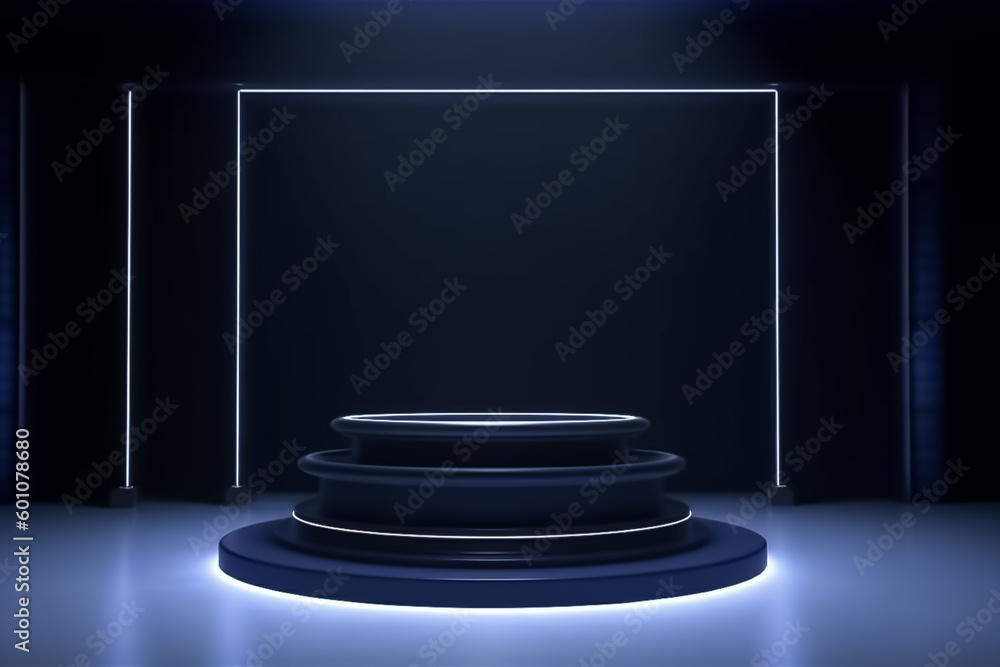 dark navy blue Display mock up 3D luxury stage with LED light and simple shape decoration around it. generative AI dark navy blue Display mock up 3D luxury stage with LED light and simple shape decoration around it. generative AI