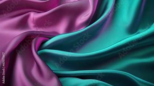 Pink tuquoise silk satin. Gradient. Wavy folds. Shiny fabric surface. Beautiful purple teal background with space for design. Generative AI. photo