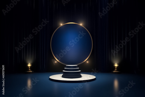 dark navy blue Display mock up 3D luxury stage with LED light and simple shape decoration around it. generative AI
