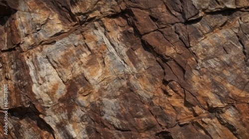 Brown rock texture with cracks. Rough mountain surface. Close-up. Stone background for design. Generative AI.