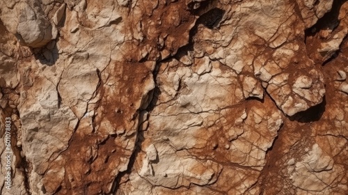 Brown rock texture with cracks. Rough mountain surface. Close-up. Stone background for design. Generative AI.