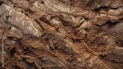 Brown rock texture with cracks. Rough mountain surface. Close-up. Stone background for design. Generative AI.