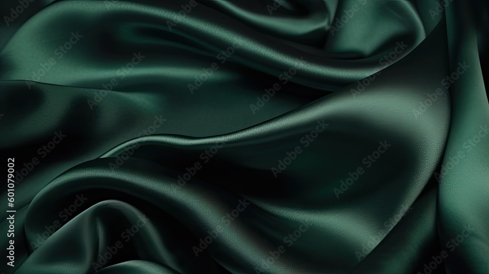 Dark green silk satin background. Beautiful soft folds on the smooth surface of the fabric. Luxury background with copy space for design. Generative AI. Dark green silk satin background. Beautiful soft folds on the smooth surface of the fabric. Luxury background with copy space for design. Generative AI.