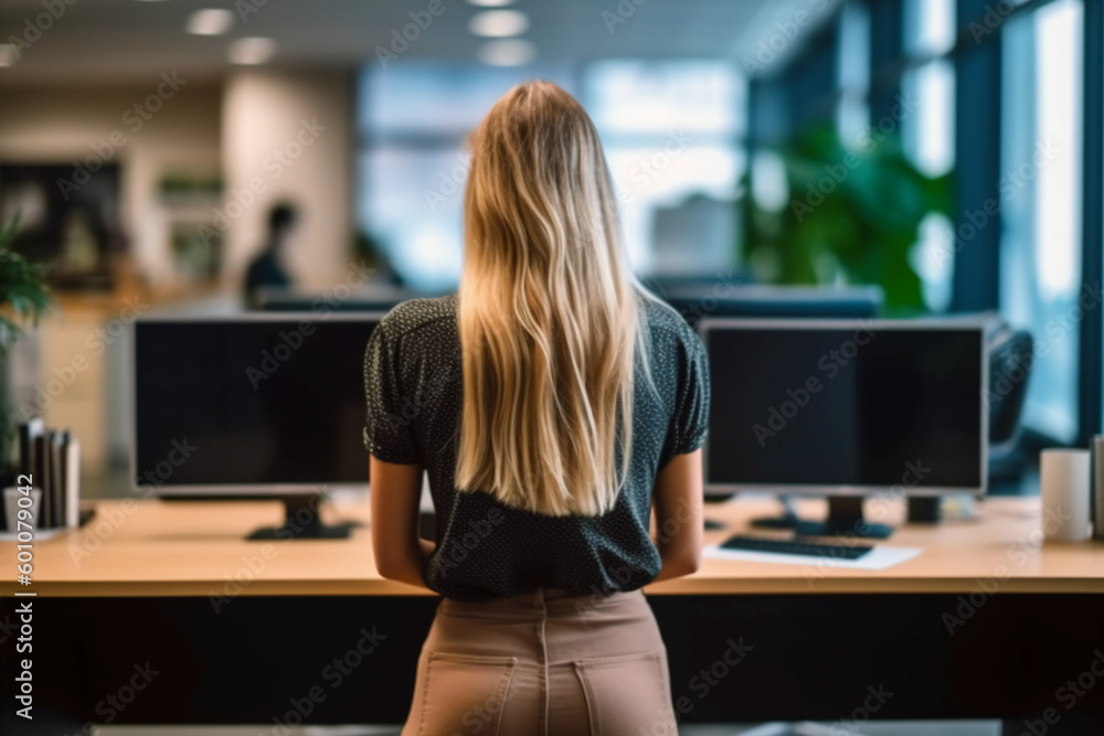 Excited asian people back view in the office standing. AI generative Excited asian people back view in the office standing. AI generative