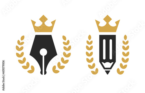 Royal pen and royal pencil. Pen and pencil with crown. Conceptual logo for lawyer, copywriter, writer, stationery, education, school, academy.