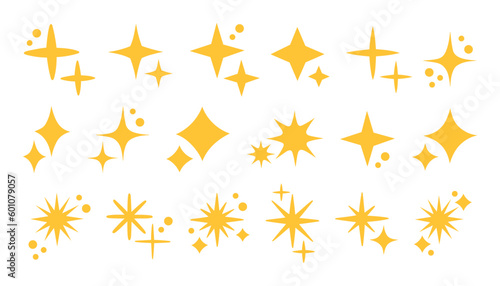 Yellow sparkles set, vector sparkling stars, shiny flashes of fireworks. Set of star elements of various shapes.