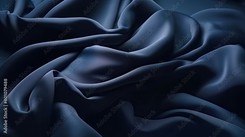 Fototapeta premium Beautiful dark blue fabric background. Wavy soft folds. Elegant navy blue background with copy space for design. Generative AI。