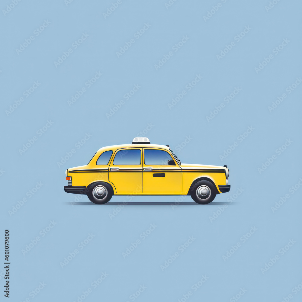 Cartoon illustration of yellow taxi car with shadow on light blue background