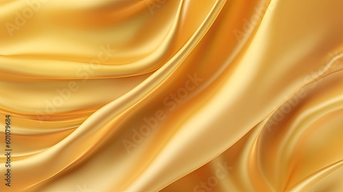 Yellow orange fabric background. Silk satin with soft wavy folds. Drapery shiny fabric background with copy space for your design. Bright web banner. Luxurious golden background. Generative AI.