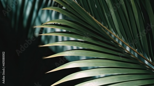 Palm leaf. Close-up. Tropical plant. Background. Sunny day. Light. Shadow. Geometric shape. Generative AI.