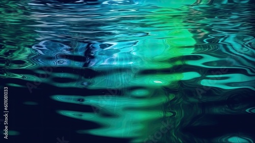 Blue green water surface. Ripples. Splash, splatter. Dark petrol color. Reflection of light. Abstract shiny background for design. Generative AI.