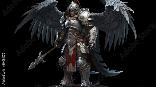 angel, wings, statue, isolated, knight, sculpture, soldier, warrior, sword, art, medieval, armor, white, metal, history, gold, war, armour, helmet, eagle, robot, generative, ai