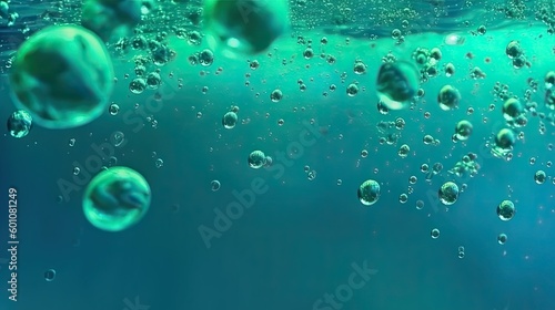 Small air bubbles in the water. Underwater background. Aquamarine bubbles. Water splash. Turquoise bubbles. Aquamarine water. Turquoise water. Generative AI.