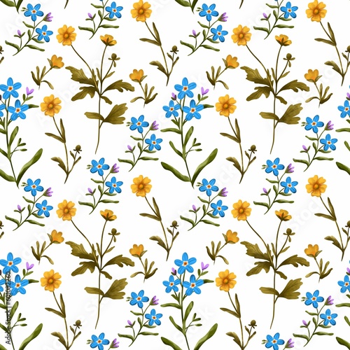 Seamless pattern with wildflowers. Watercolor pattern of yellow and blue flowers. Design of packaging paper, textiles, clothing, fabrics, covers.