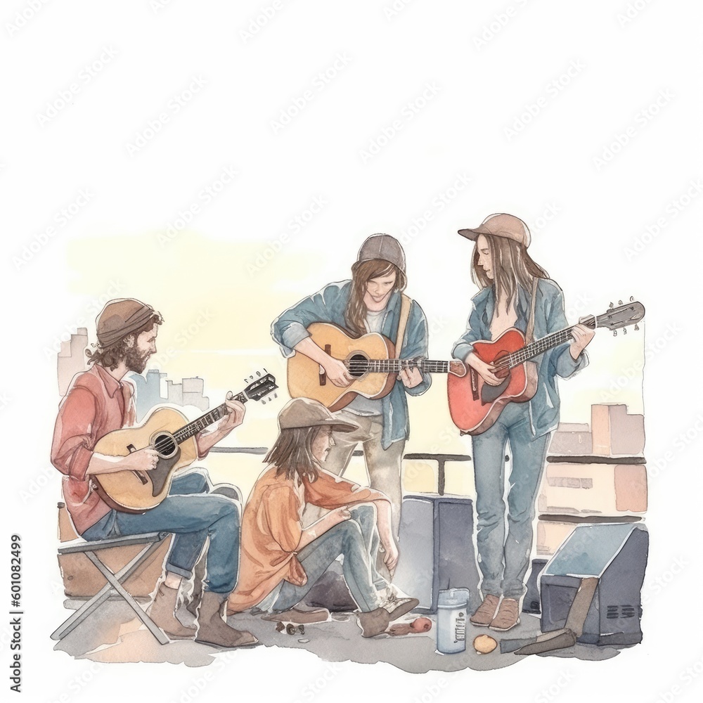 Fototapeta premium watercolor a band playing on a rooftop