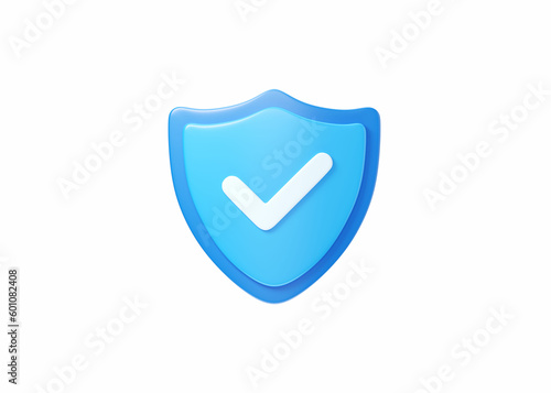 Shield 3d icon - cyber guard illustration, blockchain protect safety element and access blue symbol photo