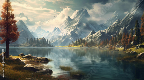 Lake with mountains and trees. AI generative © SANGHYUN