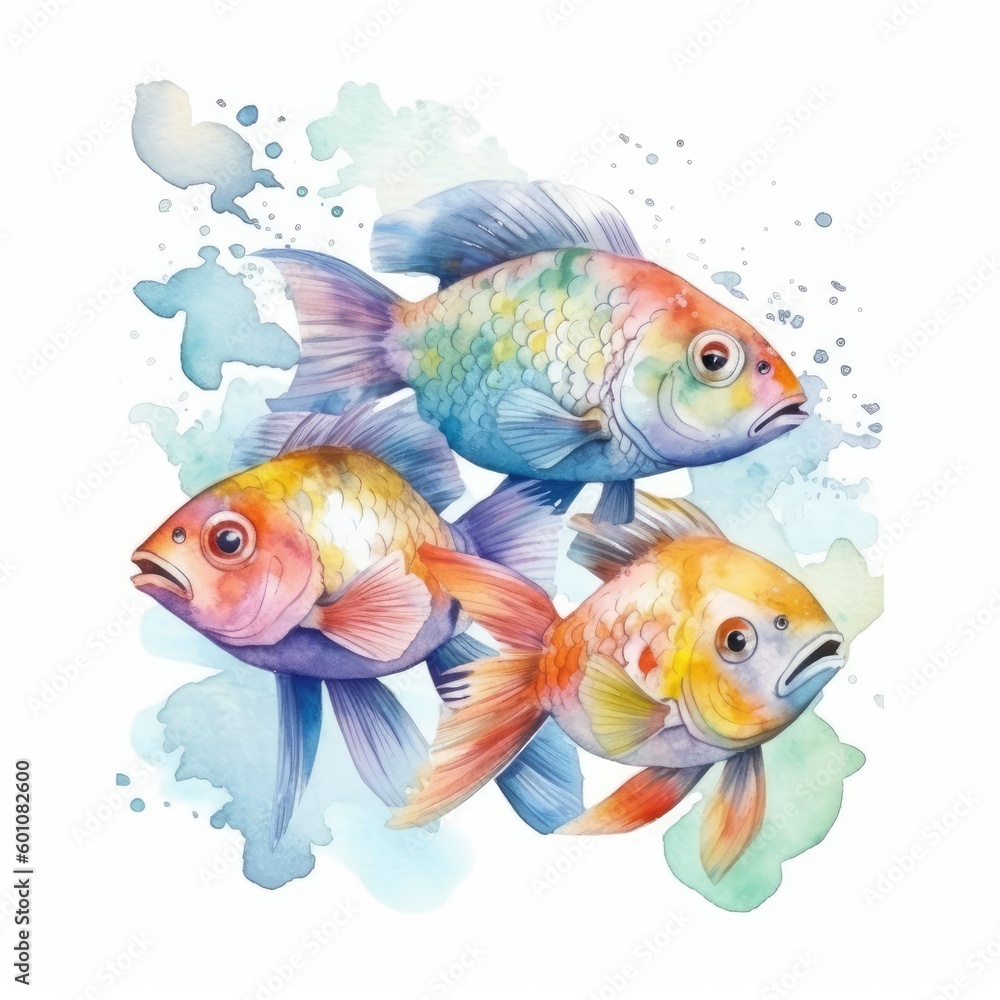 watercolor of a group of colorful fish swimming together in a school